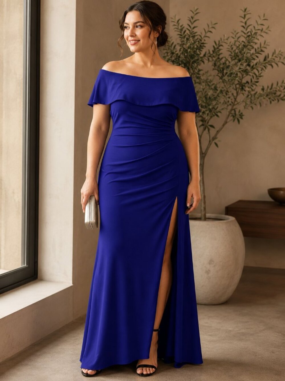 Xscape Plus Size 22W Royal Blue Evening Gown Off Shoulder Ruched Wedding Guest
